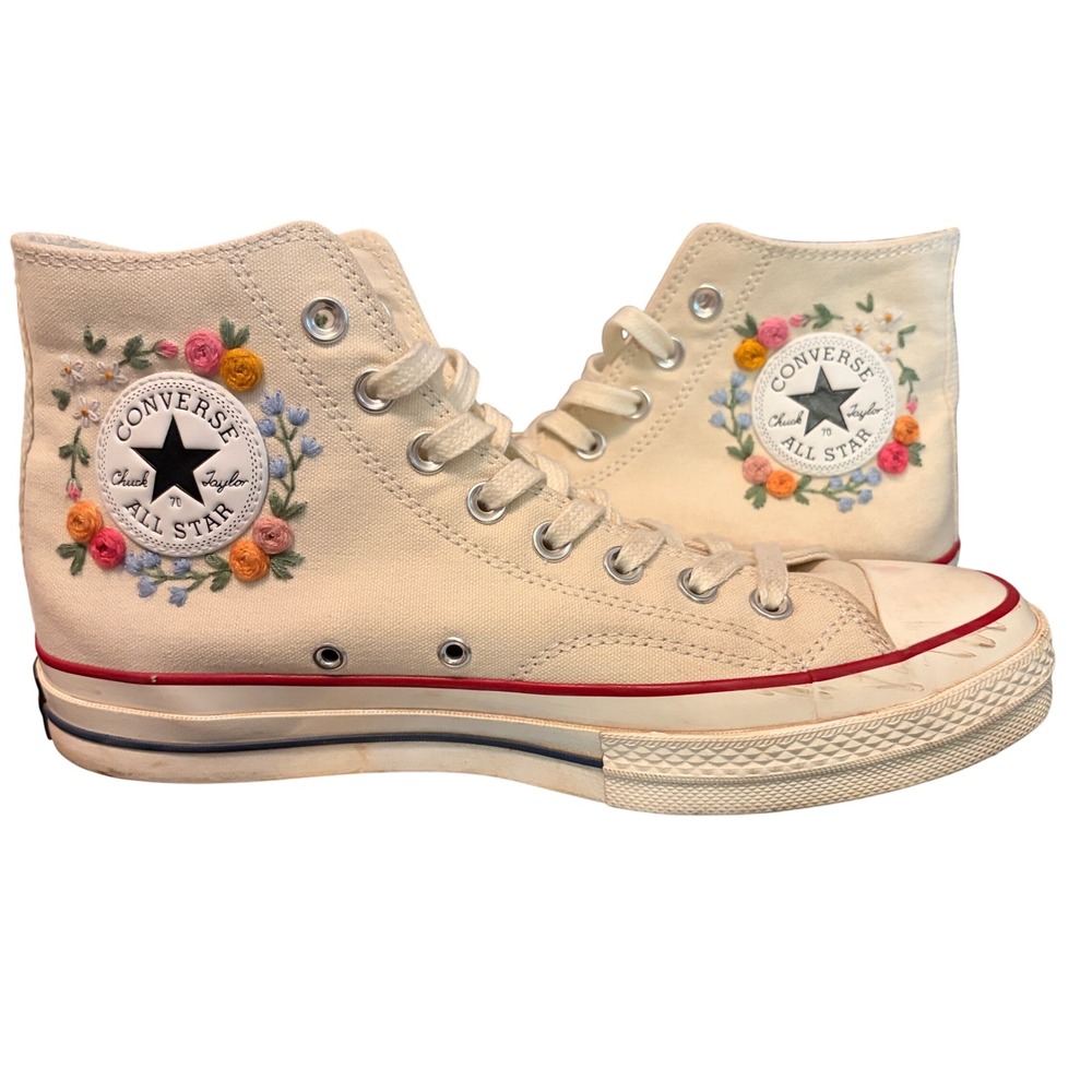 Converse High Top Sneakers Cream Canvas with Multicolor Floral Embroidery - Picture 5 of 8